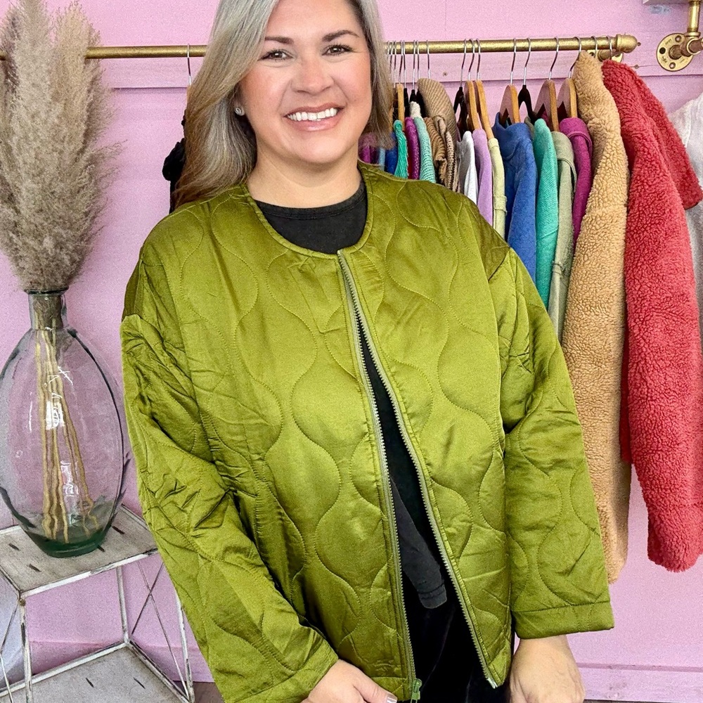 Olivaceous Lime Green Quilted Bomber Jacket